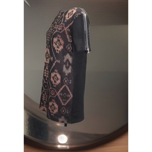 Sandro Short Sleeve Zipper Leather Trim Mini Dress Black w/ Aztec Print Size 2 - Picture 3 of 8